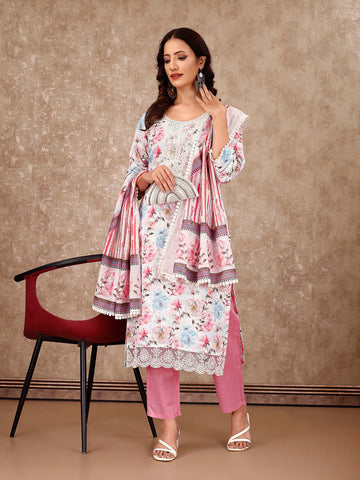 Neck Embroidery Cotton Blend Kurta With Pants & Dupatta