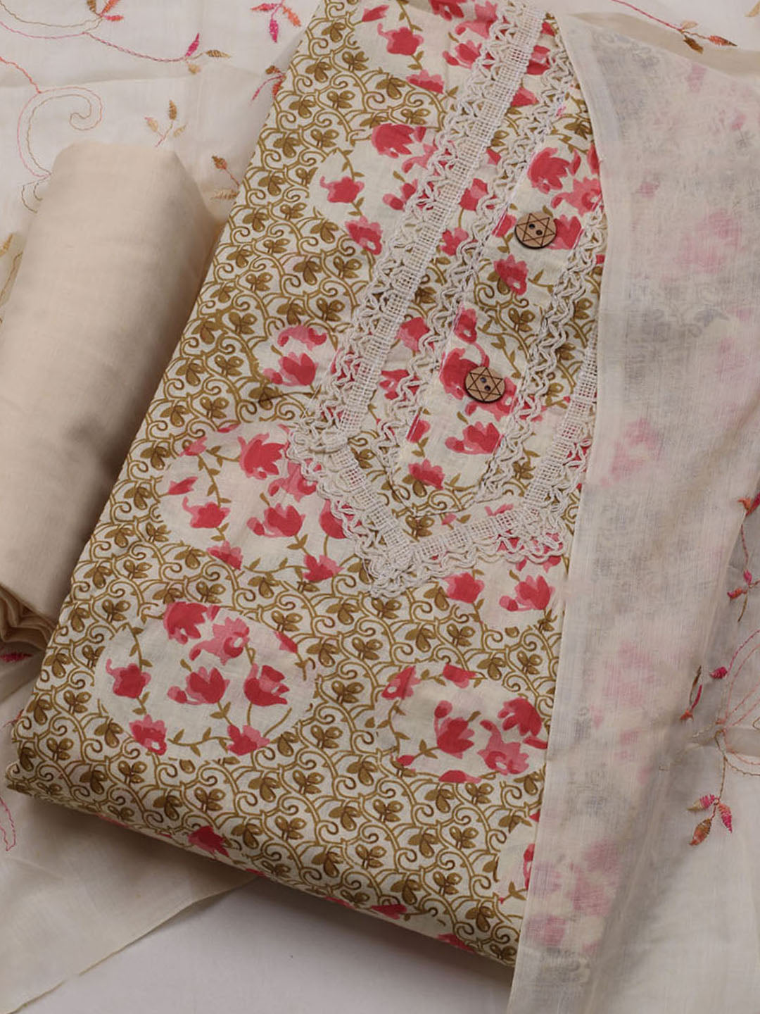 Printed Cotton Blend Unstitched Suit With Dupatta