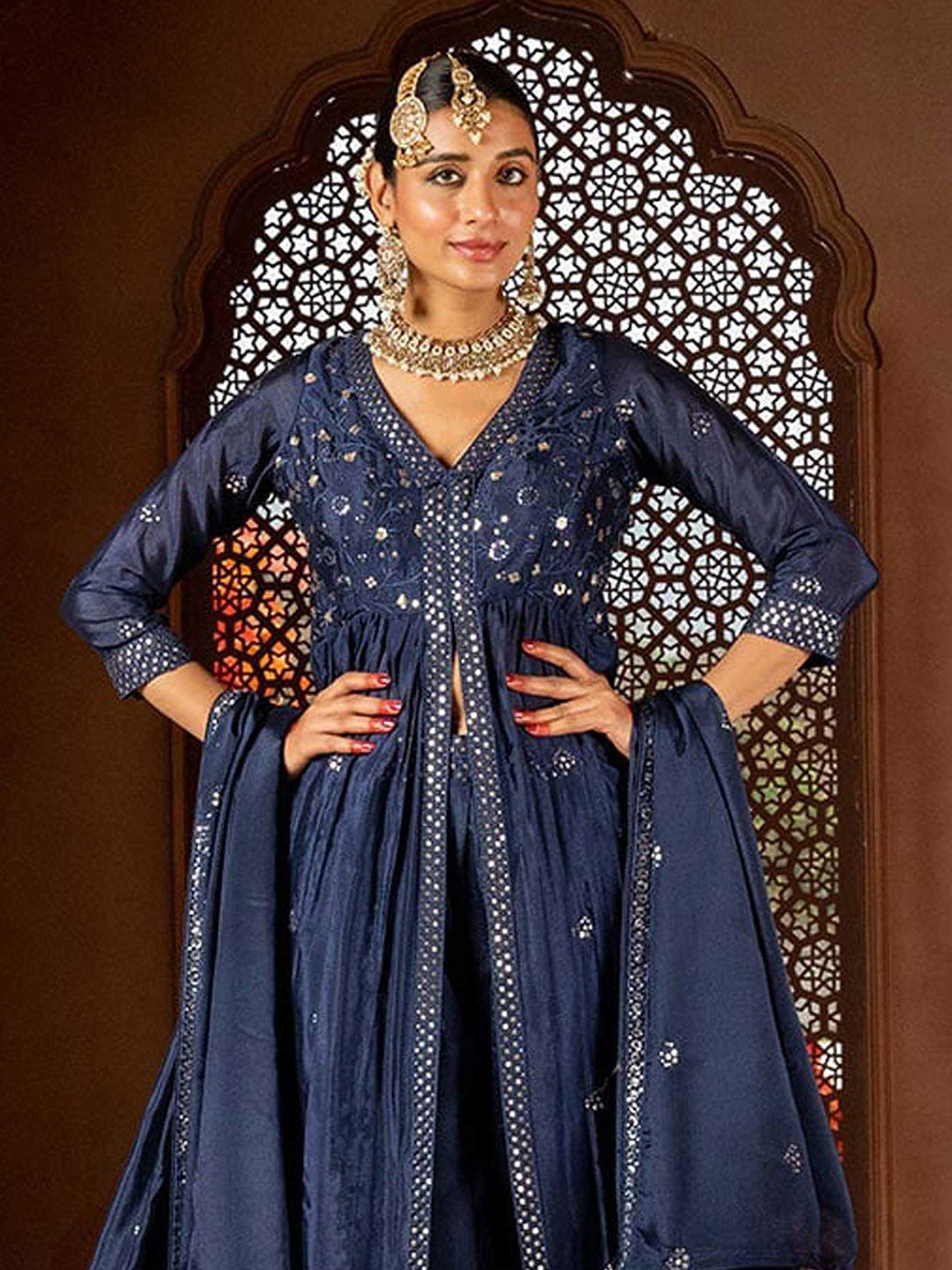Intricate Embroidery Chinon Suit With Pant &amp; Dupatta