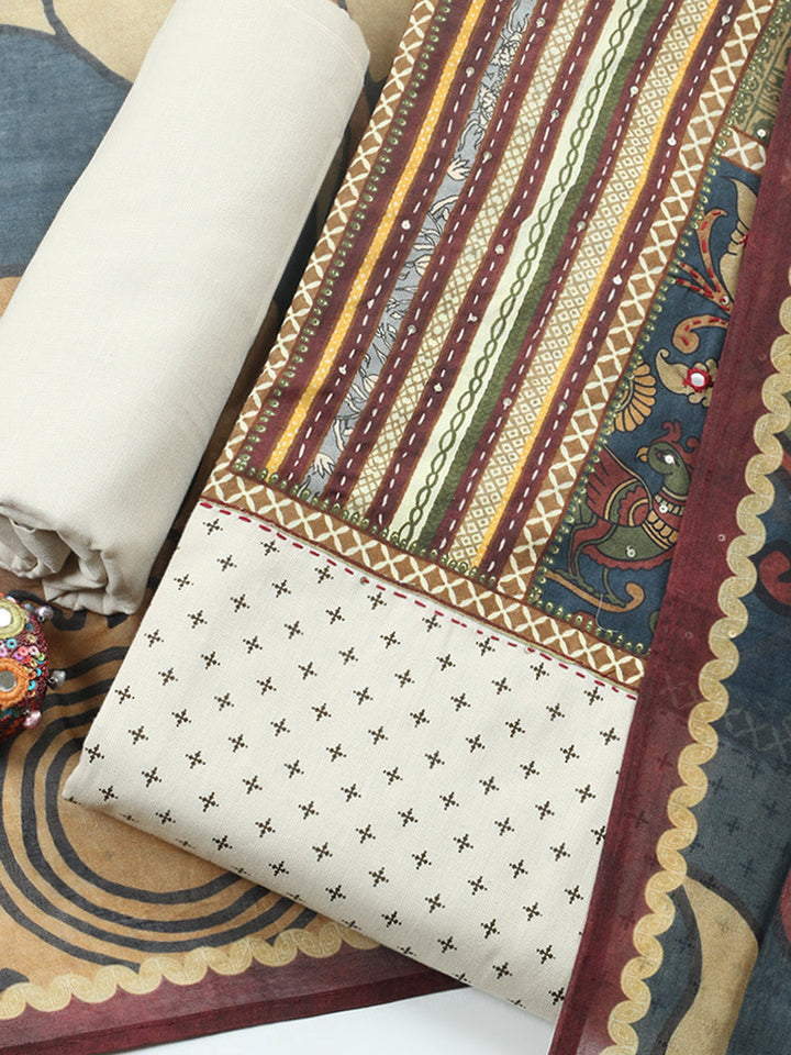 Embroidered Cotton Blend Unstitched Suit With Pant &amp; Dupatta