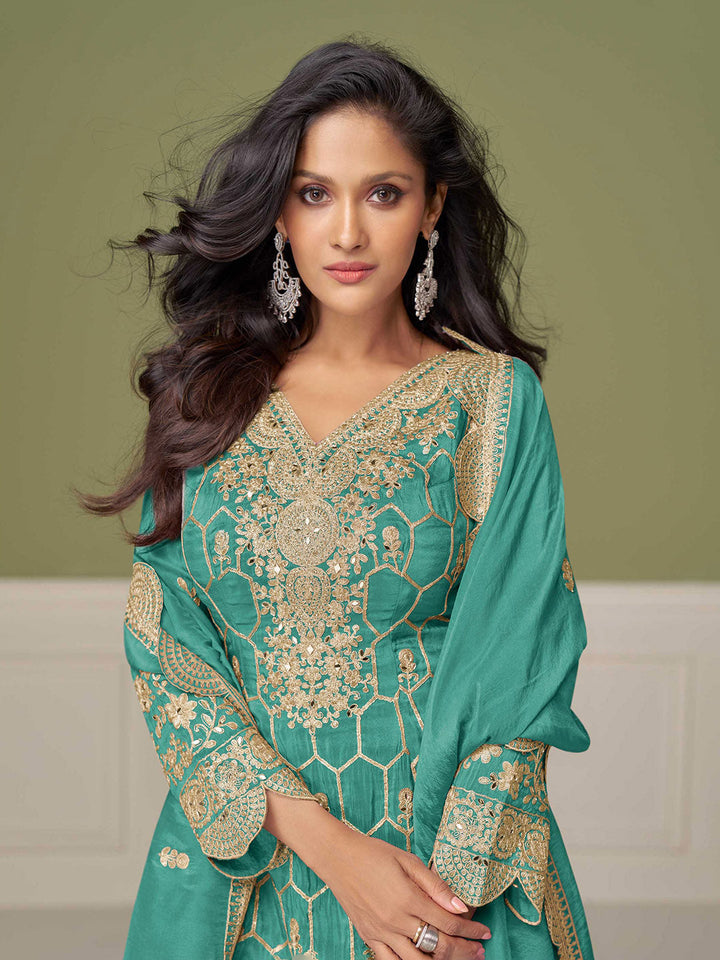 Embroidered Art Silk Kurta With Gharara &amp; Dupatta