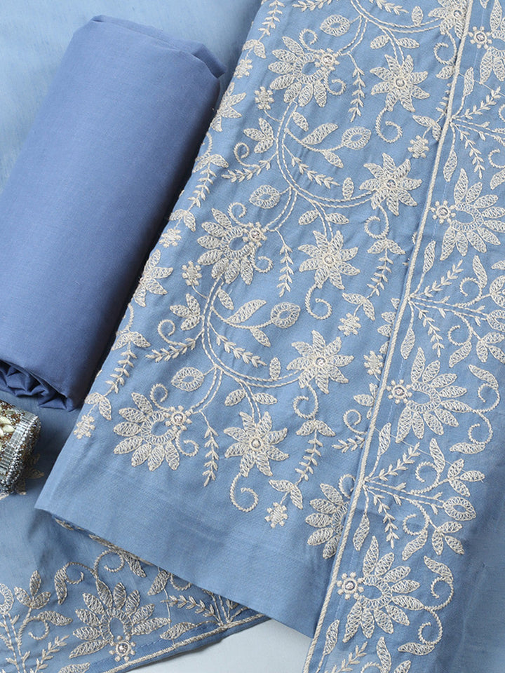 Embroidered, Cotton Blend Unstitched Suit With Pant &amp; Dupatta