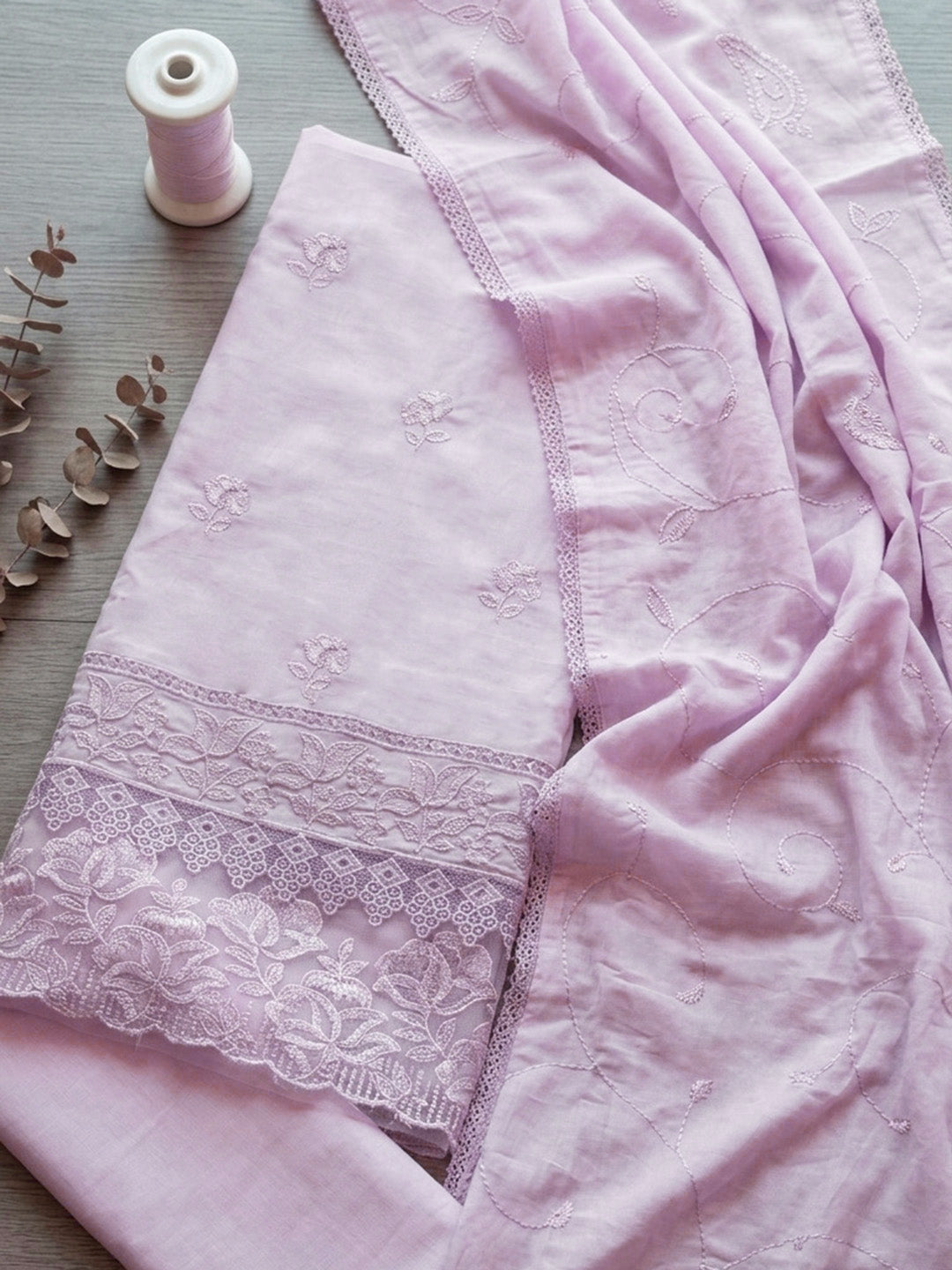 Embroidered Cotton Blend Unstitched Suit With Pant &amp; Dupatta