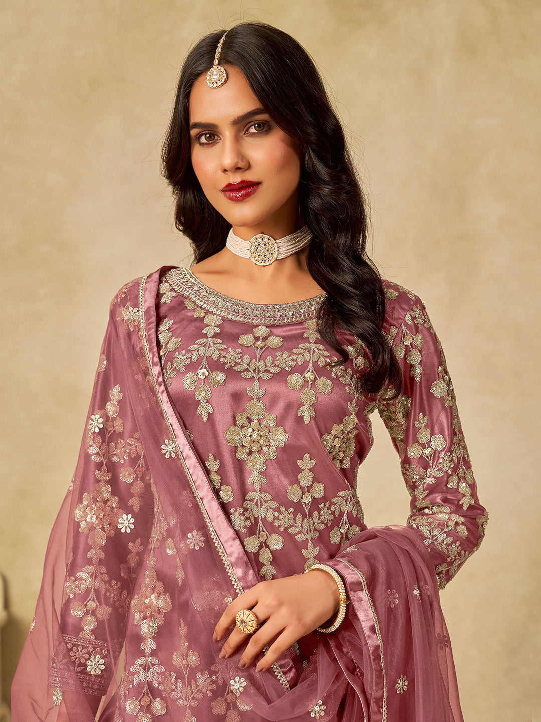 Embroidered Net  Semi Stitched Kurta With Sharara &amp; Dupatta