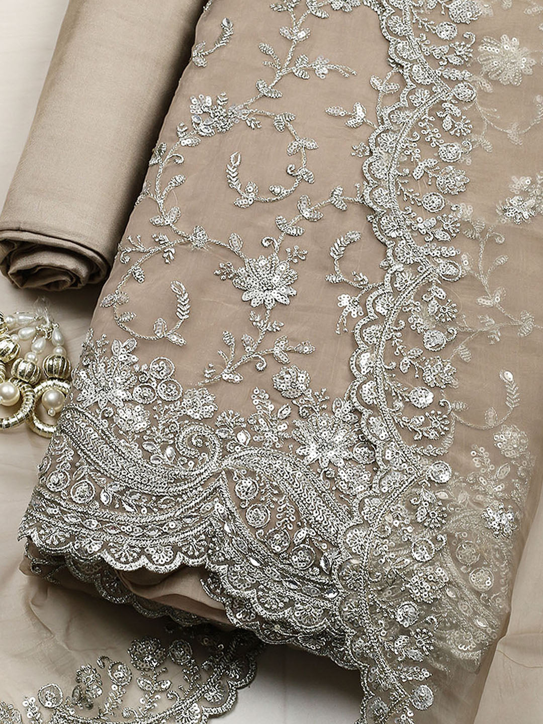 Embroidered Organza Unstitched Suit With Pant &amp; Dupatta