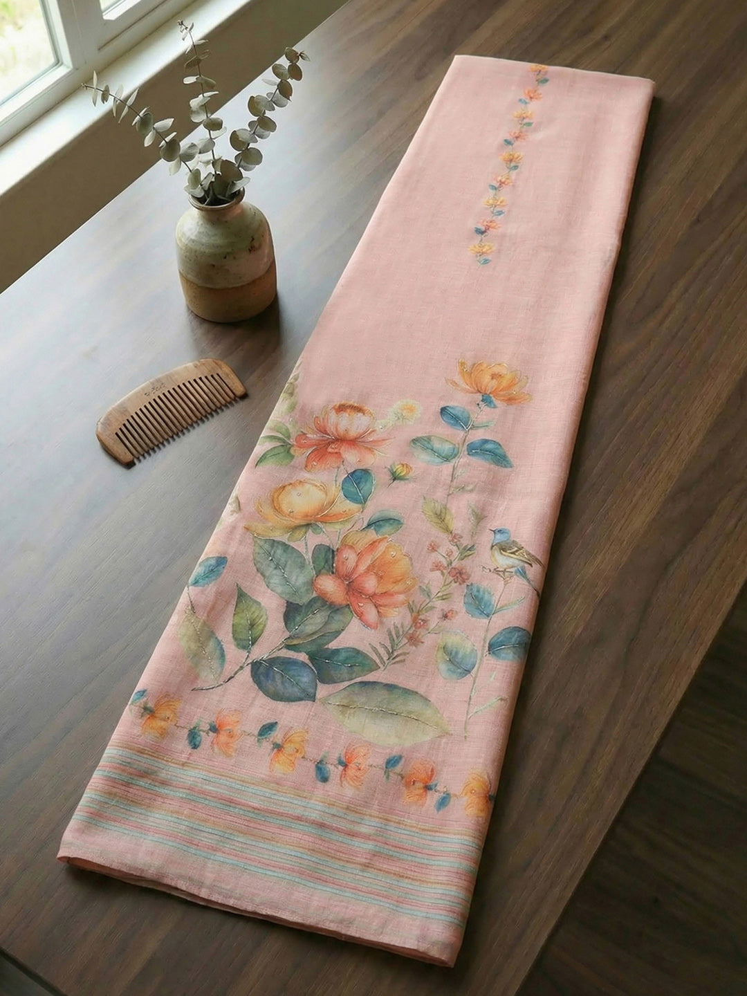 Printed Linen Blend Unstitched Suit With Pant &amp; Dupatta
