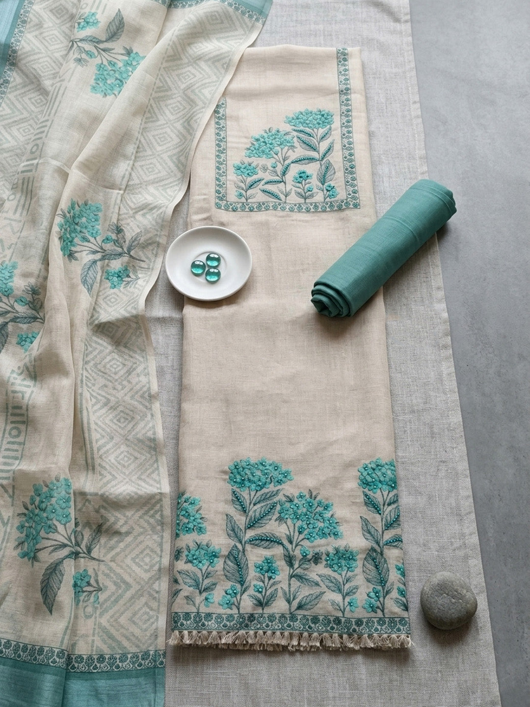 Embroidered Linen Blend Unstitched Suit With Pant &amp; Dupatta