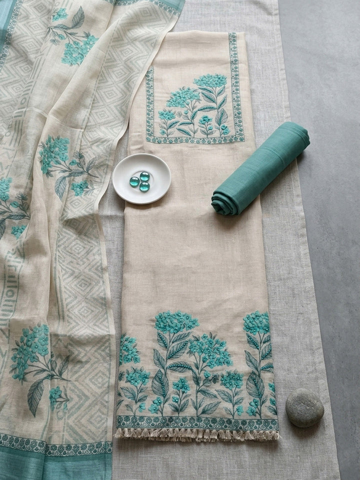 Embroidered Linen Blend Unstitched Suit With Pant &amp; Dupatta