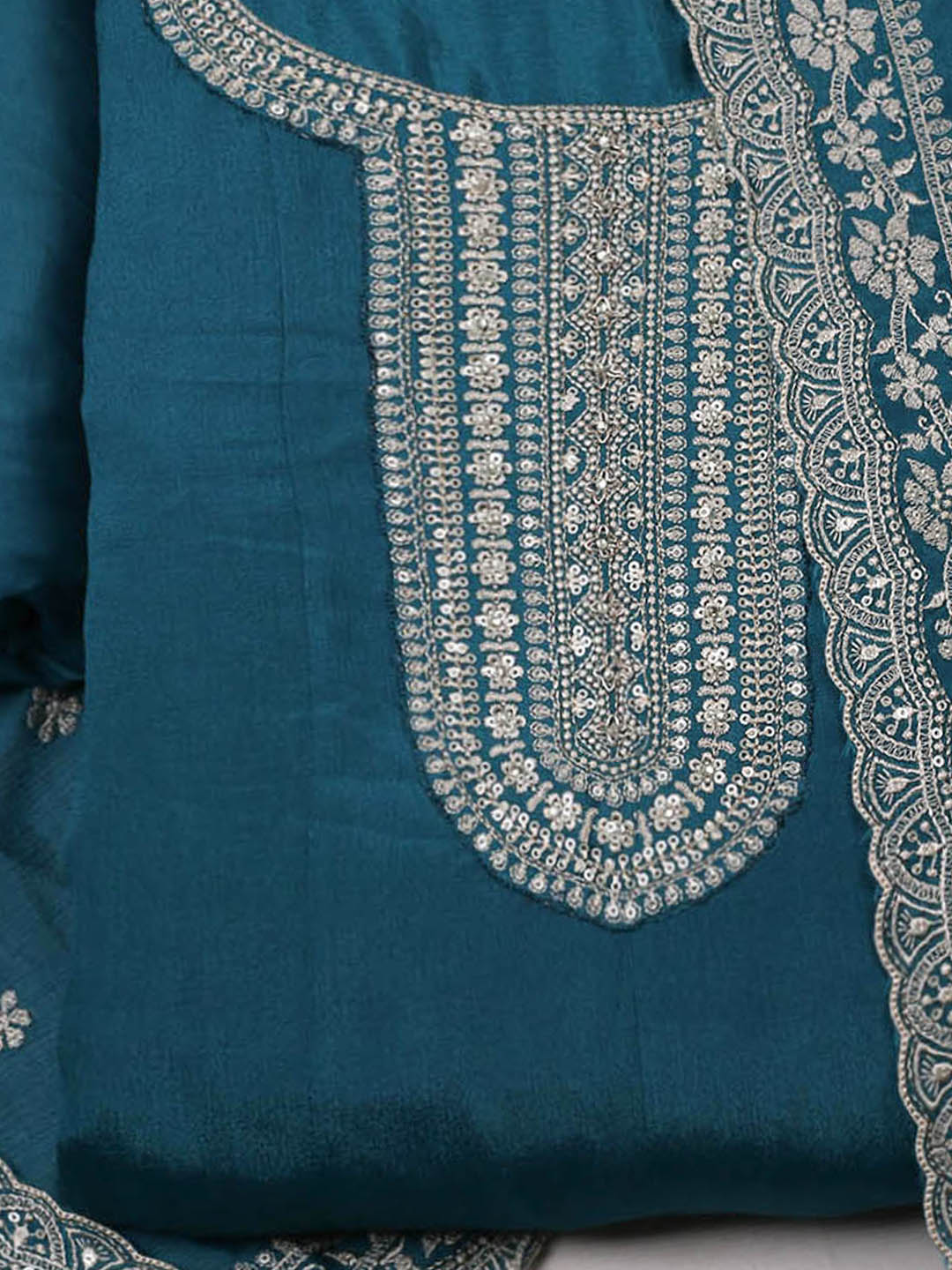 Embroidered Chinon Unstitched Suit With Pant &amp; Dupatta