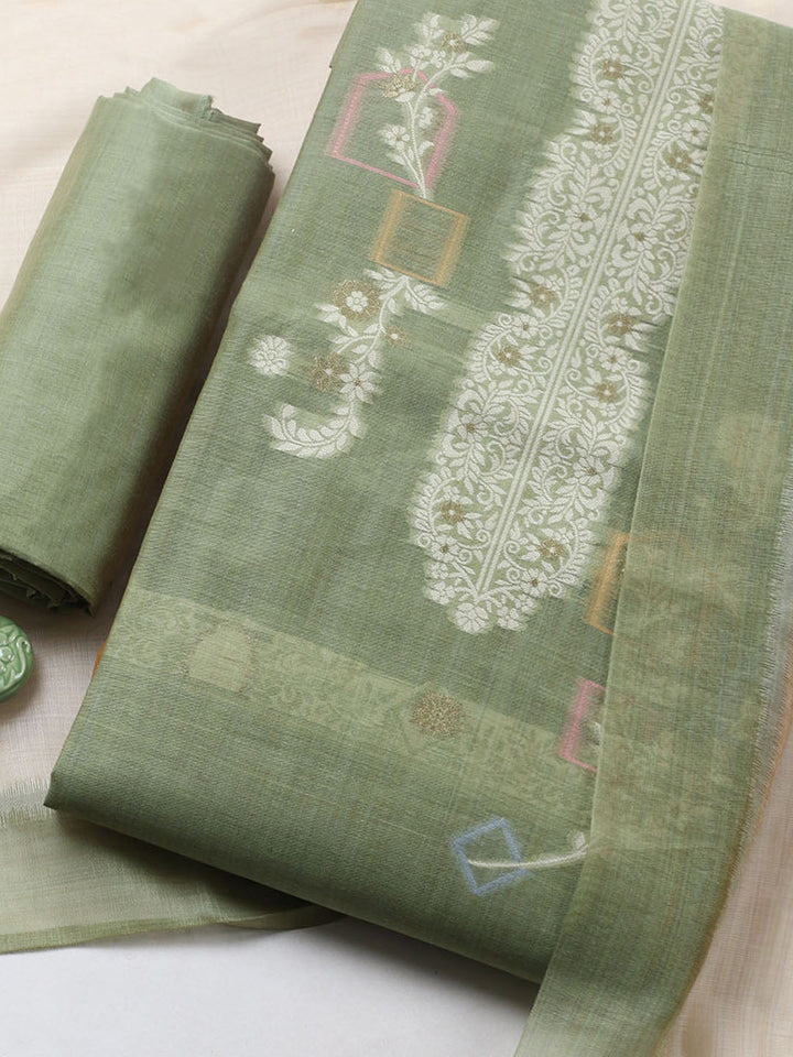 Printed Chanderi Unstitched Suit With Pant &amp; Dupatta