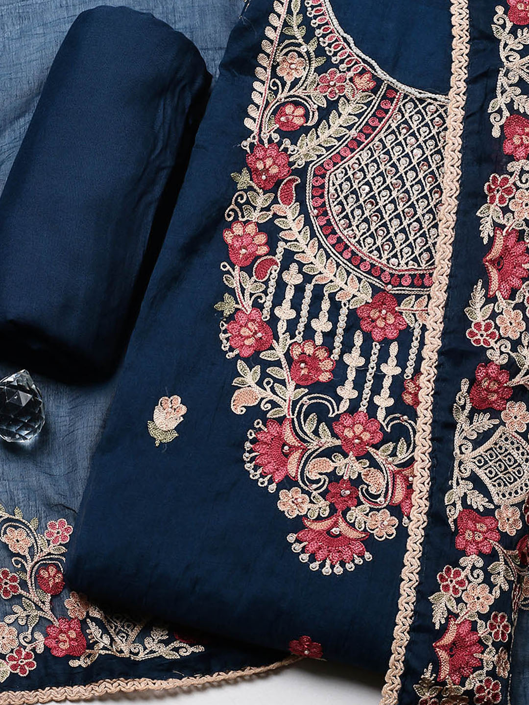 Embroidered Cotton Blend Unstitched Suit With Pant &amp; Dupatta