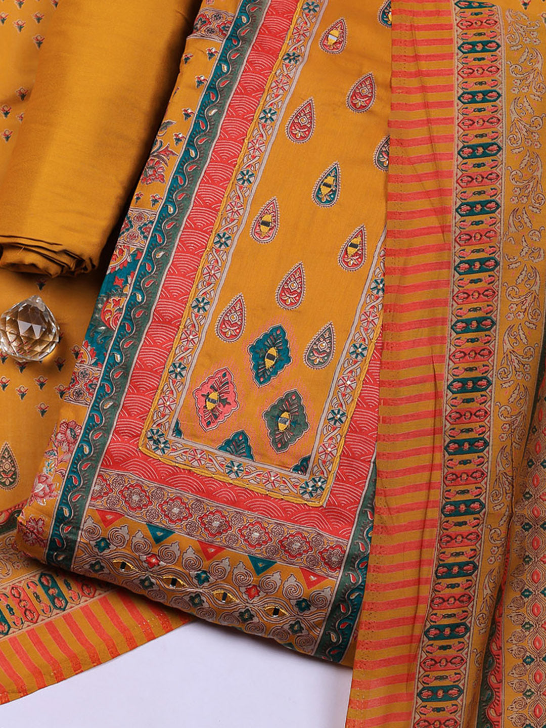 Printed Cotton Blend Unstitched Suit With Pant &amp; Dupatta