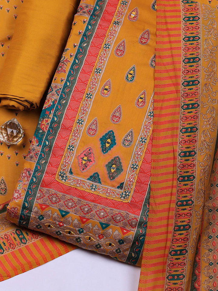 Printed Cotton Blend Unstitched Suit With Pant &amp; Dupatta