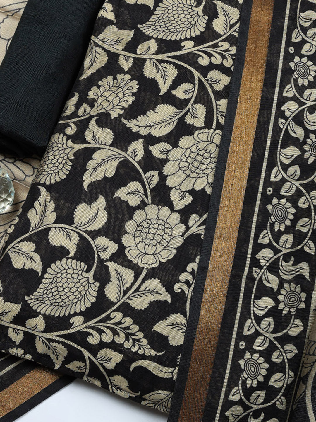 Printed Chanderi Unstitched Suit With Pant &amp; Dupatta