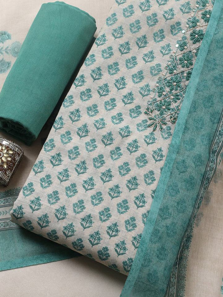 Embroidered Cotton Blend Unstitched Suit With Pant &amp; Dupatta