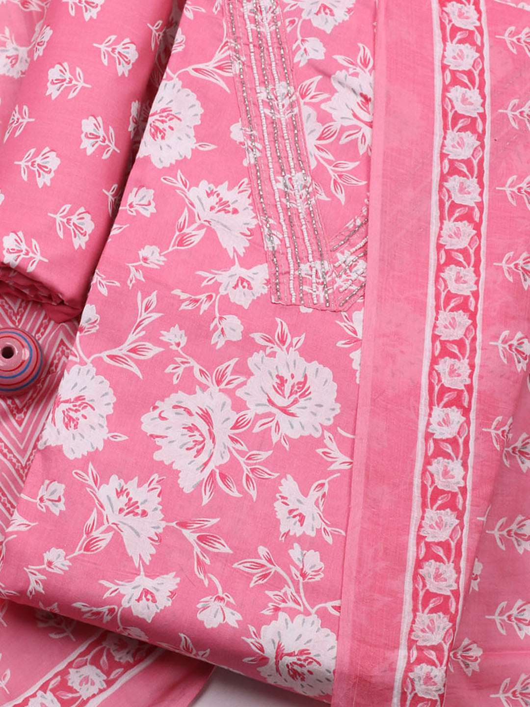 Embroidered Cotton Blend Unstitched Suit With Pant &amp; Dupatta