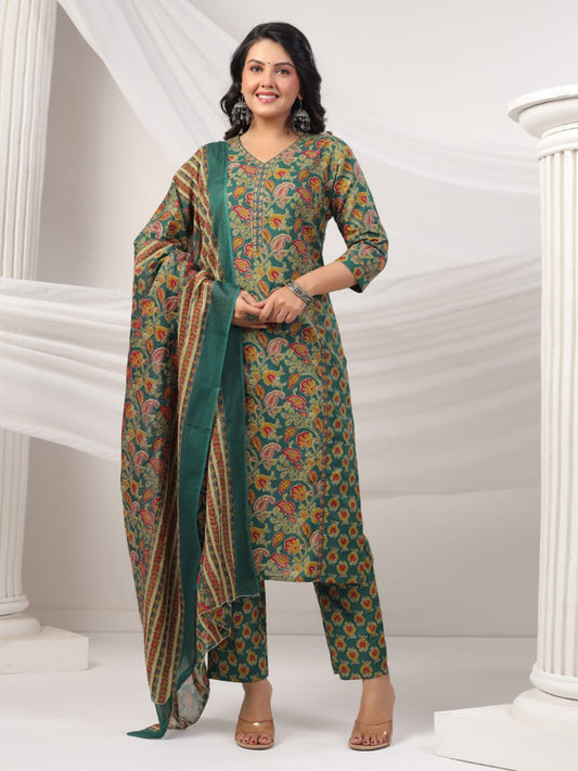 Printed Cotton Blend Kurta With Pants & Dupatta