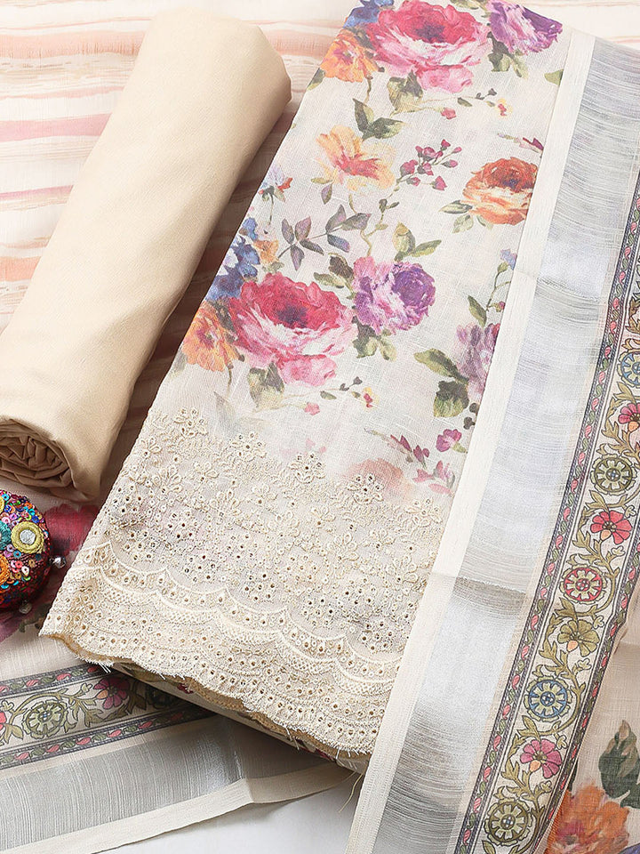 Embroidered Linen Blend Unstitched Suit With Pant &amp; Dupatta