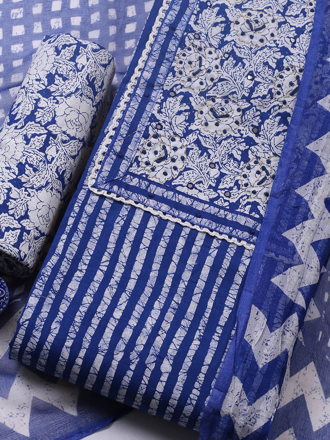 Embroidered Cotton Blend Unstitched Suit With Pant &amp; Dupatta