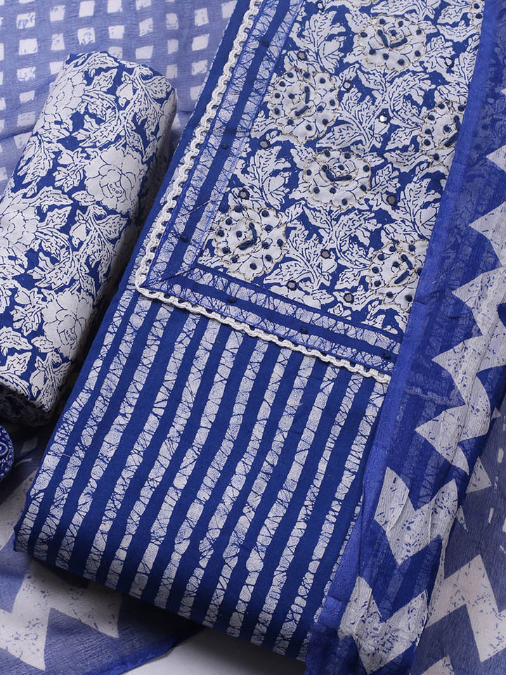 Embroidered Cotton Blend Unstitched Suit With Pant &amp; Dupatta