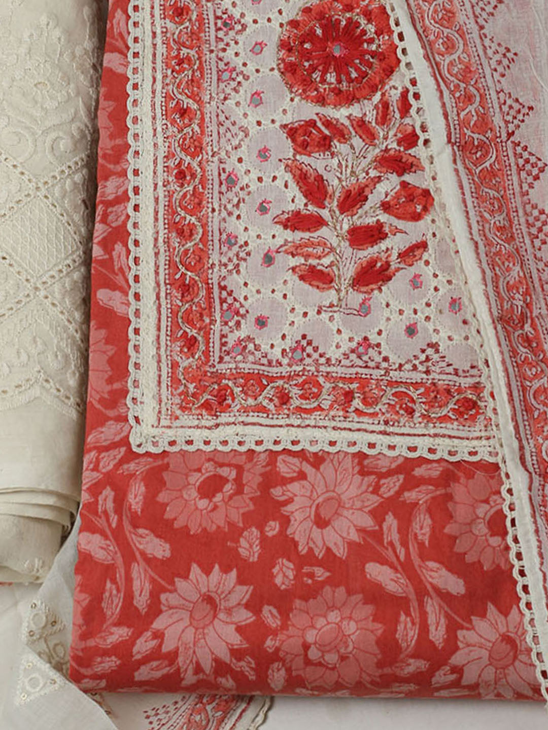 Printed Cotton Unstitched Suits Printed Suit With Pant &amp; Dupatta