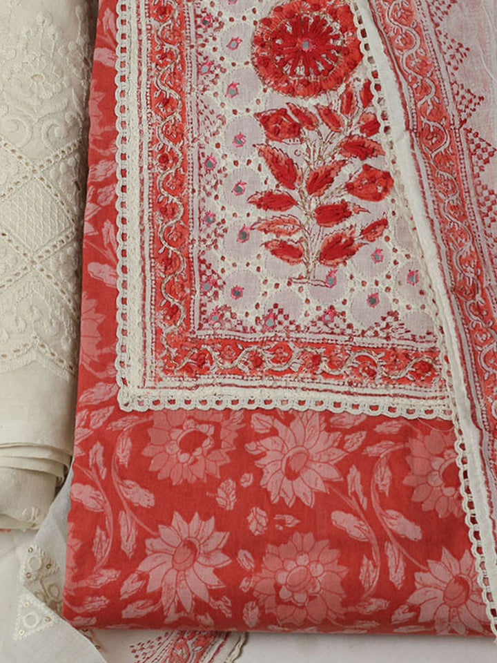 Printed Cotton Unstitched Suits Printed Suit With Pant &amp; Dupatta