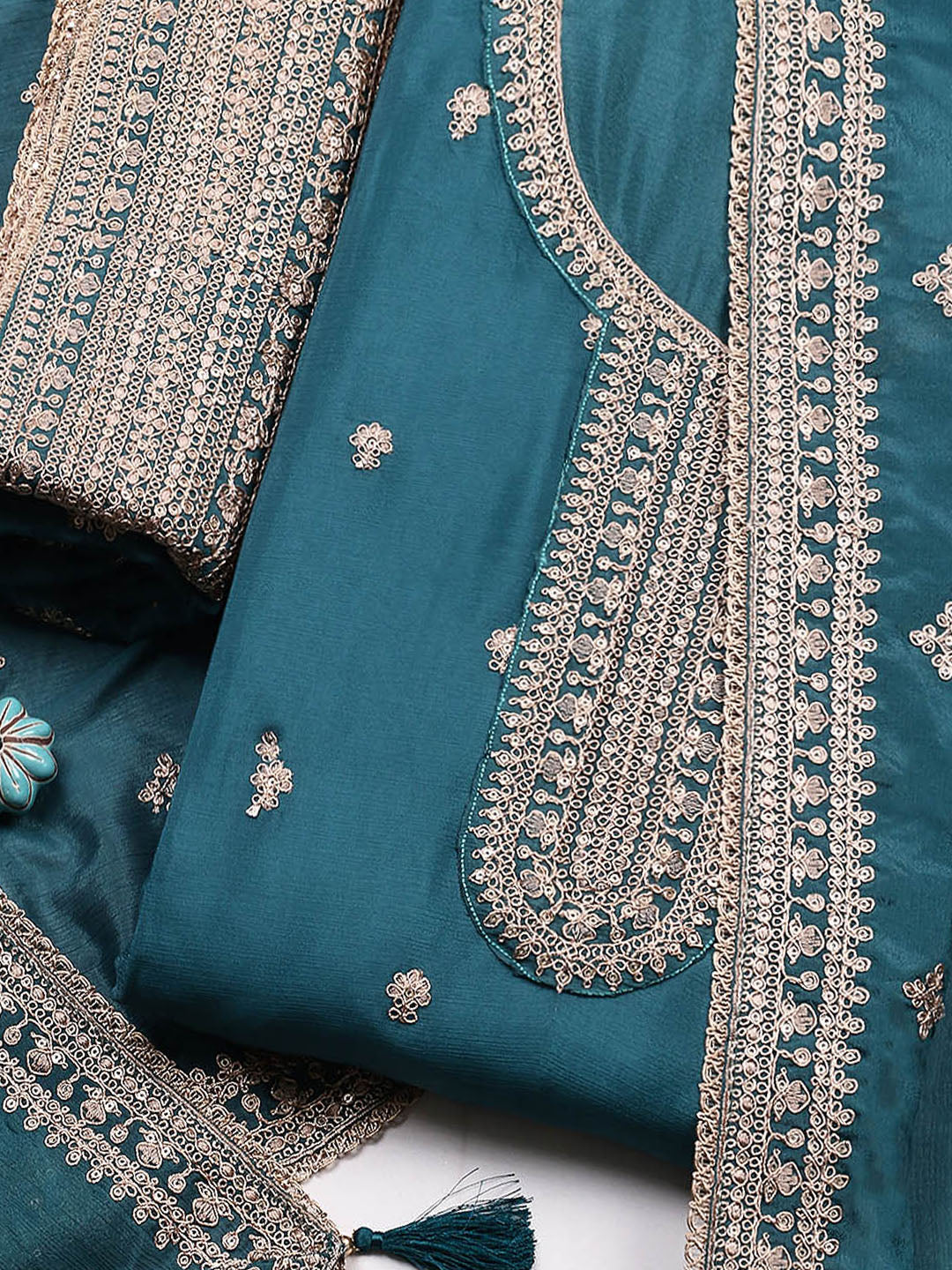 Embroidered Chinon Unstitched Suit With Pant &amp; Dupatta