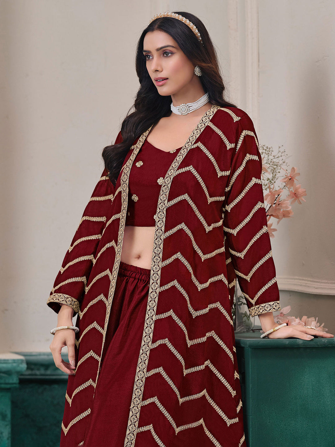 Embroidered Chinnon Choli With Plazzo &amp; Jacket