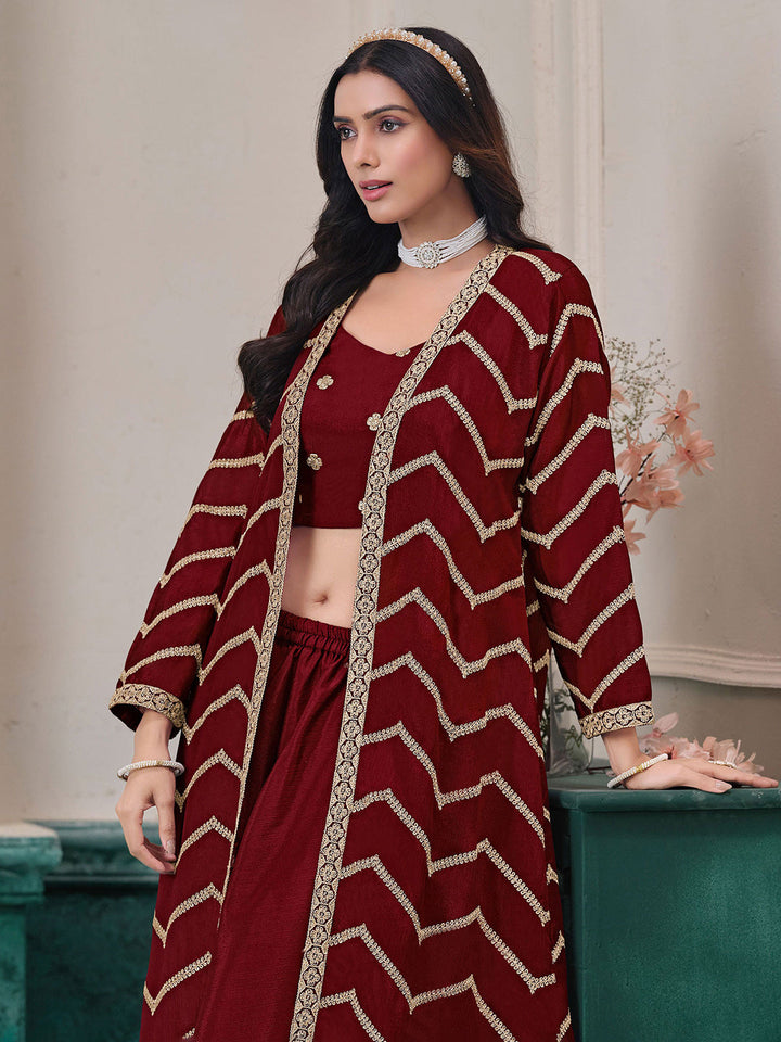 Embroidered Chinnon Choli With Plazzo &amp; Jacket
