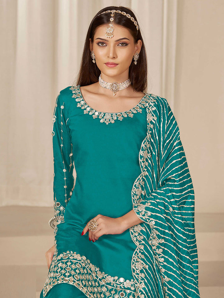 Embroidered Art Silk Semi Stitched Kurta With Skirt &amp; Dupatta
