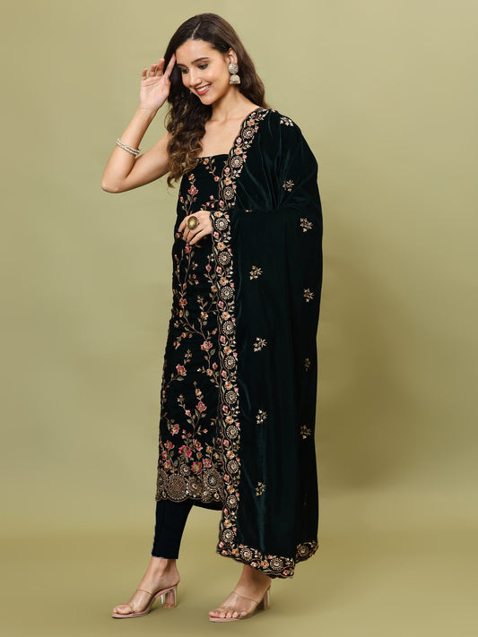 Neck Embroidered Velvet Unstitched Suit Piece With Dupatta