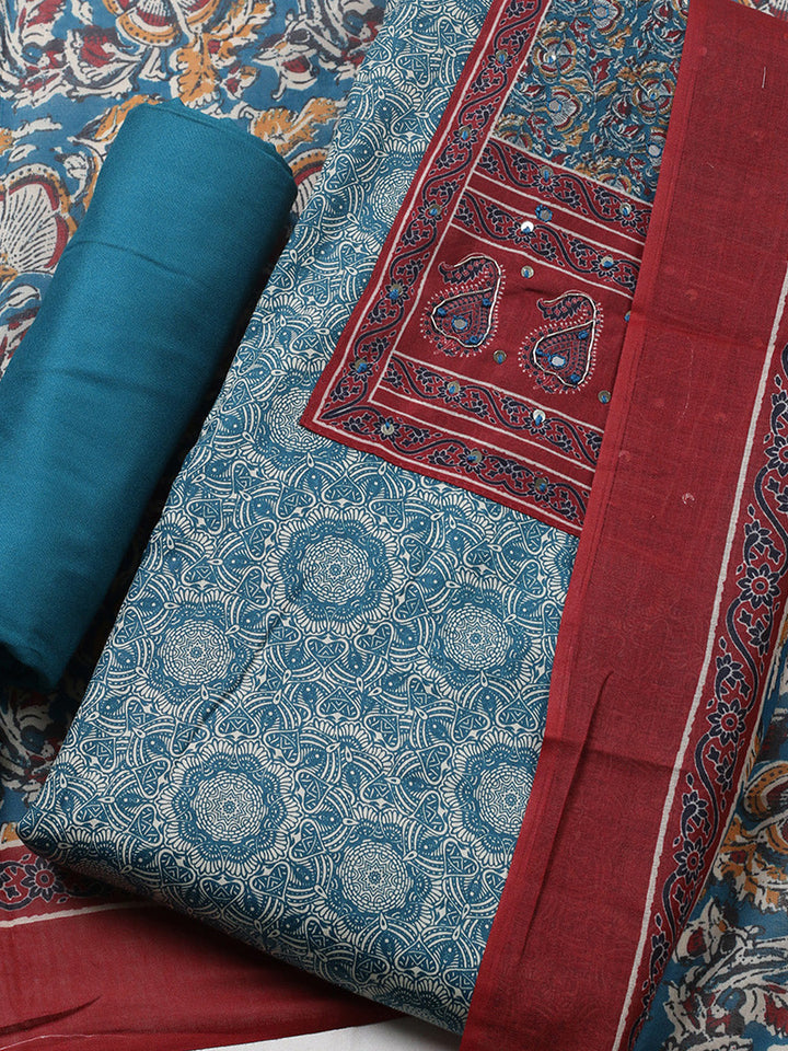 Printed Cotton Blend Unstitched Suit With Pant &amp; Dupatta
