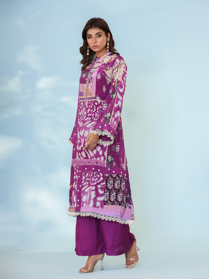 Purple Cotton Blend Printed Straight Suit Set