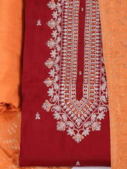 Embroidered Chanderi Maroon Unstitched Suit With Pant & Dupatta