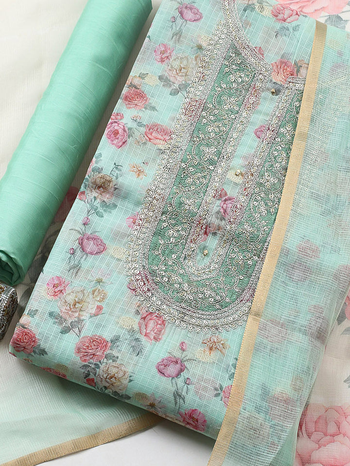 Embroidered Cotton Blend Unstitched Suit With Pant &amp; Dupatta