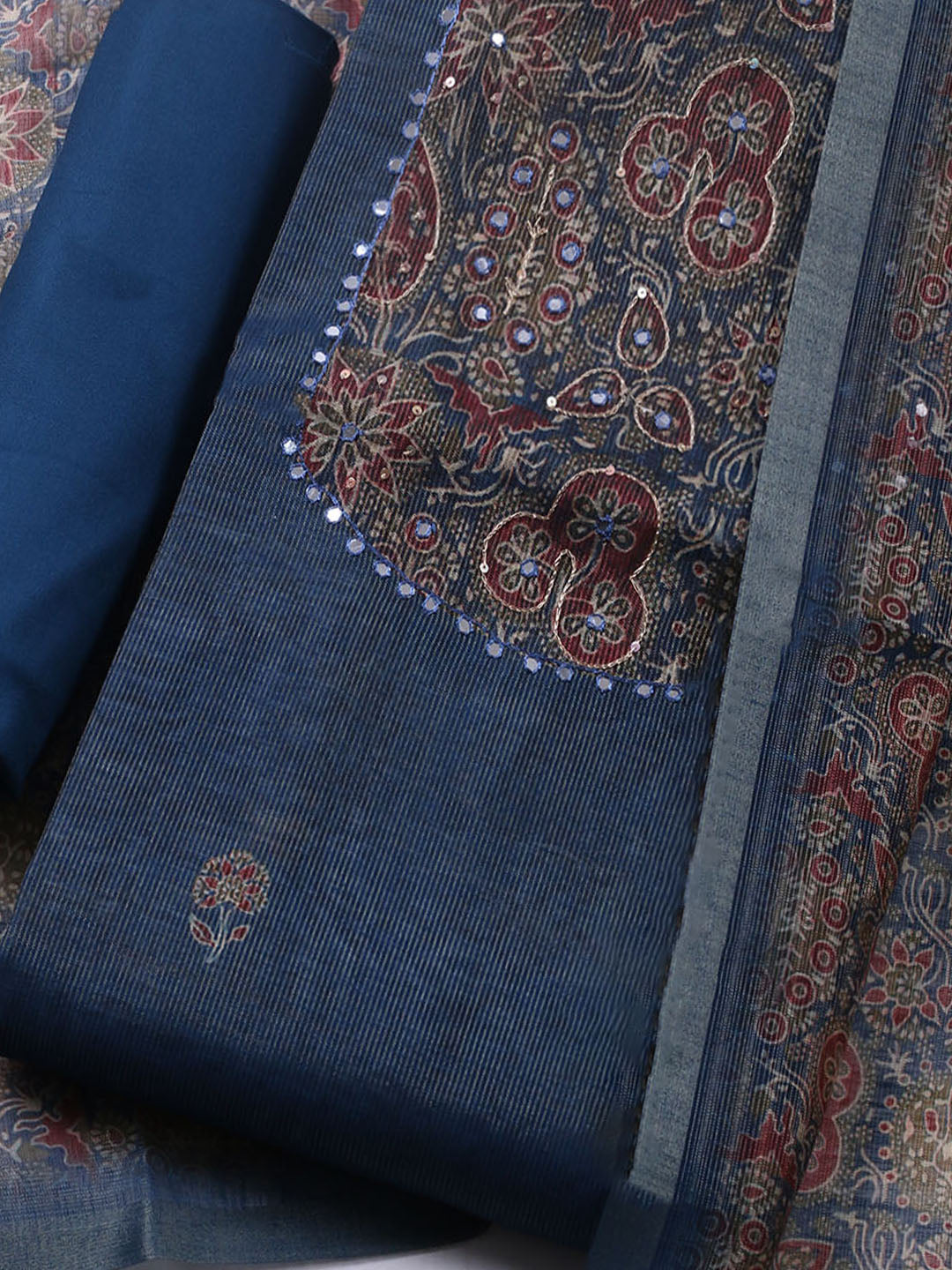 Embroidered Chanderi Unstitched Suit With Pant &amp; Dupatta