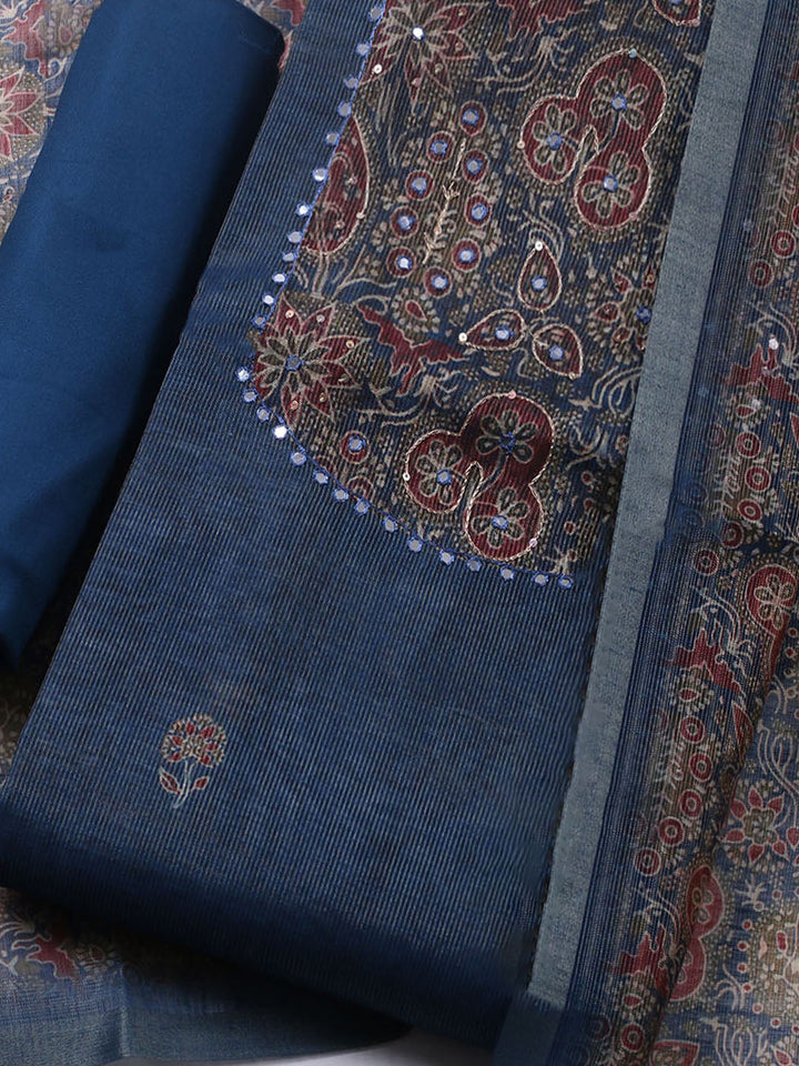 Embroidered Chanderi Unstitched Suit With Pant &amp; Dupatta