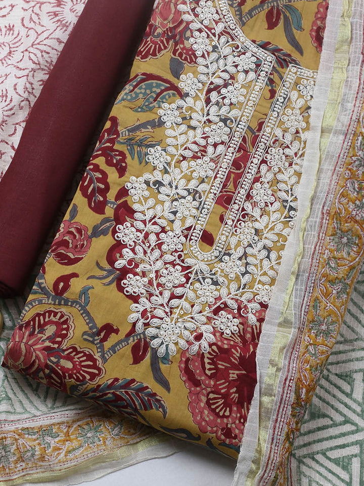 Printed Cotton Blend Unstitched Suit With Pant &amp; Dupatta