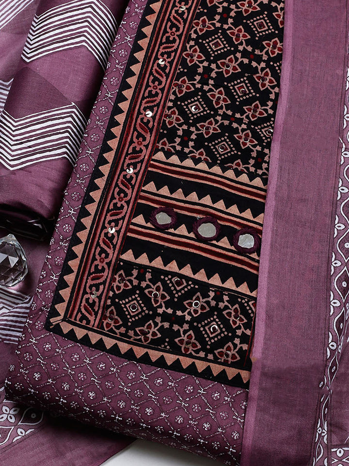 Printed Cotton Blend Unstitched Suit With Pant &amp; Dupatta