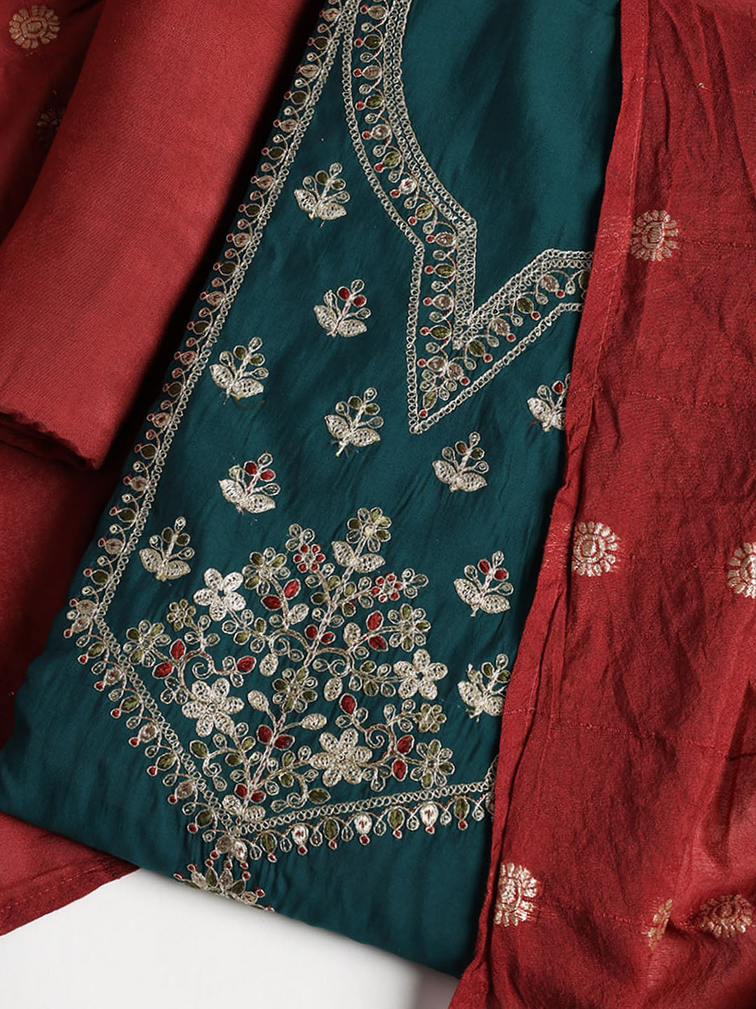 Neck Embroidered Chanderi Unstitched Suit With Dupatta