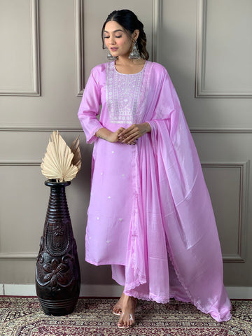 Resham Sequence Embroidery Cotton Blend Kurta With Pants & Dupatta