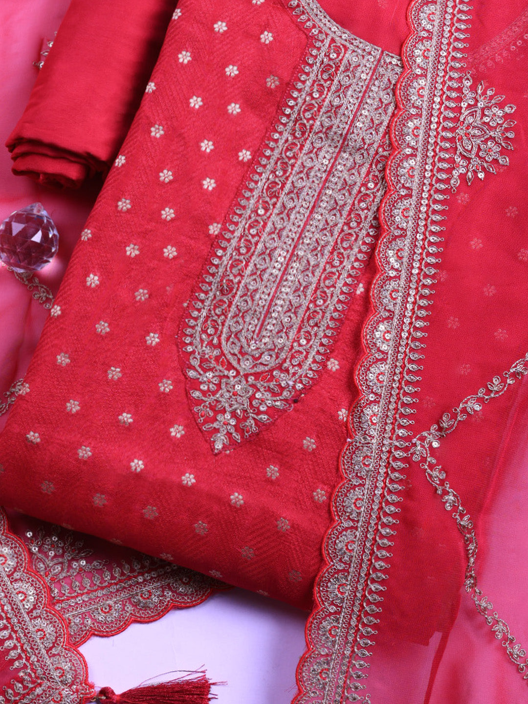 Embroidered Art Silk Unstitched Suit With Pant &amp; Dupatta