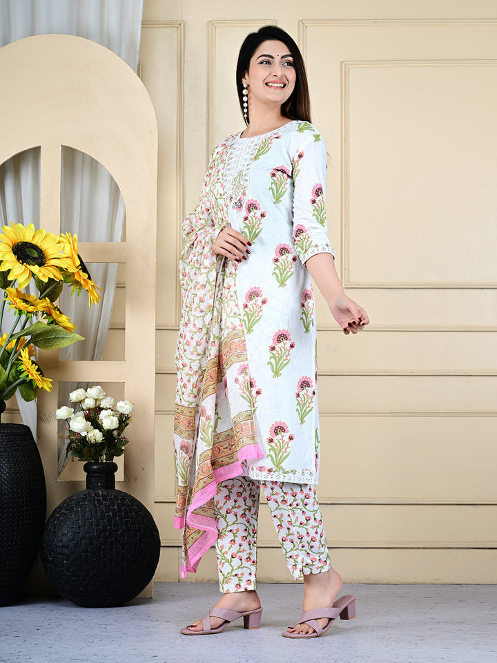 Printed Cotton Blend Kurta With Pants &amp; Dupatta