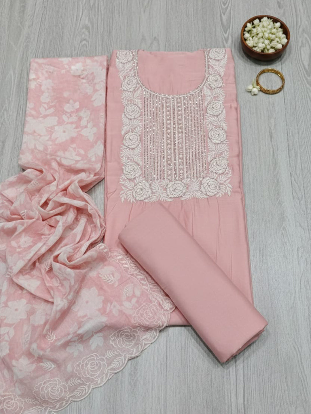 Embroidered Chanderi Unstitched Suit With Pant &amp; Dupatta