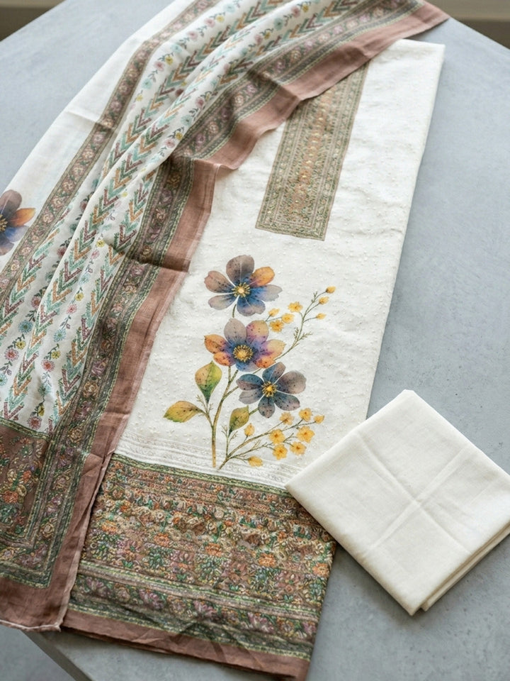 Embroidered Cotton Blend Unstitched Suit With Pant &amp; Dupatta