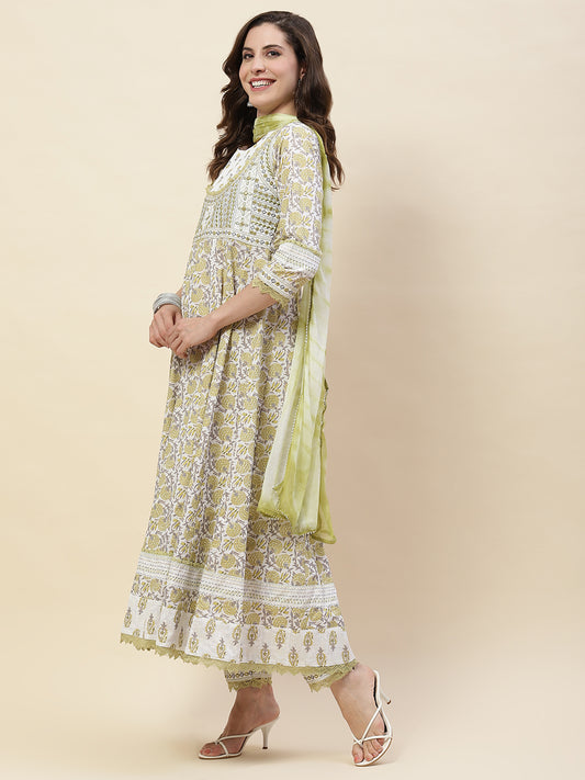 Printed Cotton Kurta With Pants & Dupatta