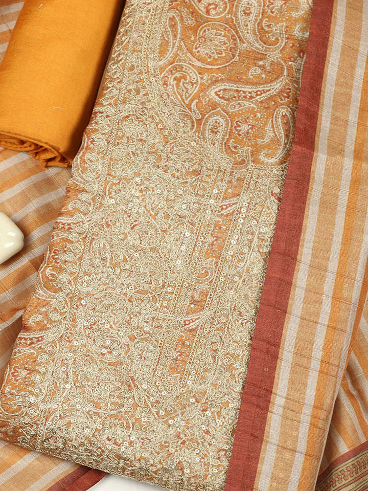 Embroidered Chanderi Unstitched Suit With Pant &amp; Dupatta