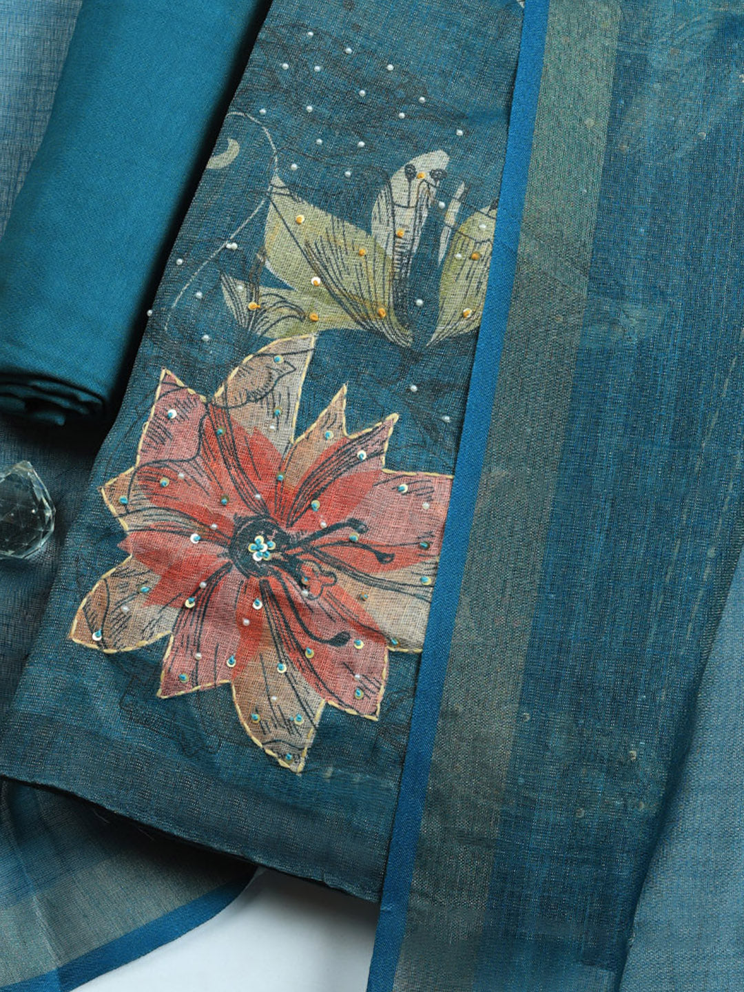 Printed Linen Blend Unstitched Suit With Pant &amp; Dupatta