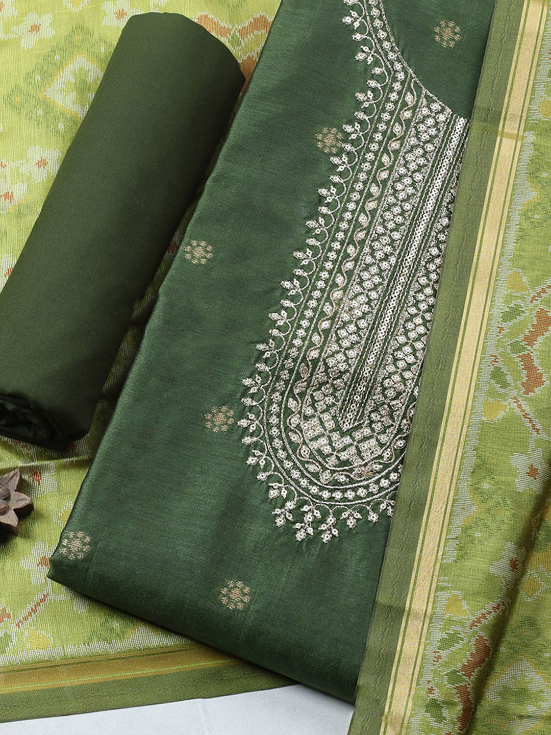 Embroidered Chanderi Unstitched Suit With Pant &amp; Dupatta