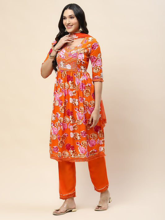 Floral Printed cotton Kurta With Pants & Dupatta